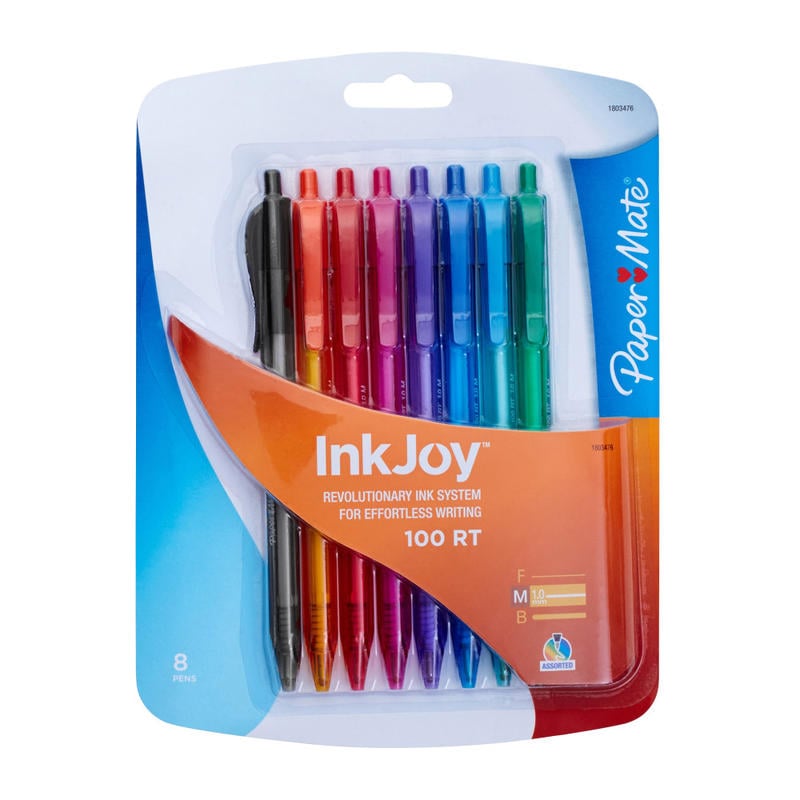 Paper Mate InkJoy 100 RT Pens, Medium Point, 1.0 mm, Translucent Assorted Barrels, Assorted Ink Colors, Pack Of 8 (Min Order Qty 12) MPN:1945935