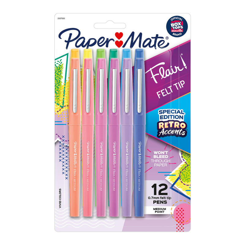 Paper Mate Flair Felt Tip Pens, Medium Point, Assorted, Special Edition Retro Accents, 12 Pack (Min Order Qty 3) MPN:2097886