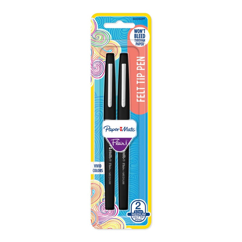 Paper Mate Flair Point Guard Felt Tip Marker Pens - Medium Pen Point - Black Water Based Ink - Black Barrel - 2 / Pack (Min Order Qty 15) MPN:8432452PP