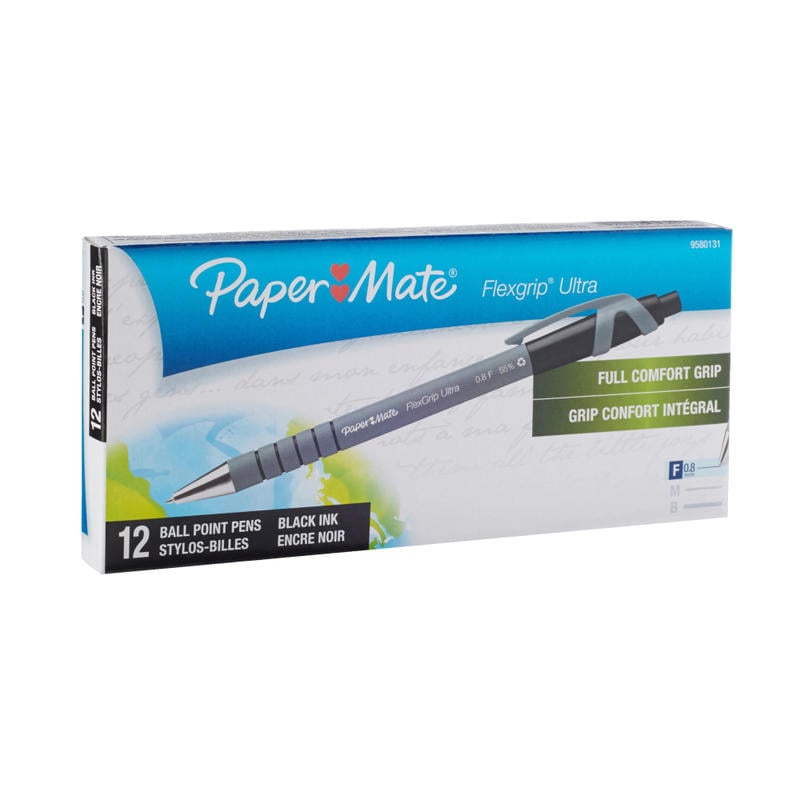 Paper Mate FlexGrip Ultra Retractable Pens, Fine Point, 0.8 mm, Black Barrel, Black Ink, Pack Of 12 (Min Order Qty 4) MPN:9580131