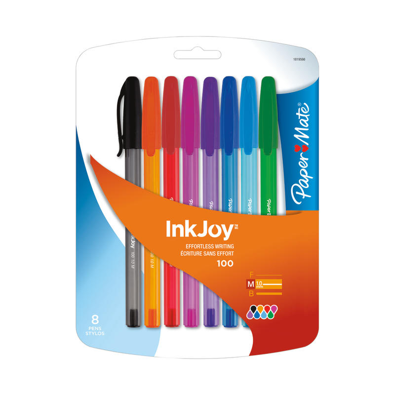 Paper Mate InkJoy 100 Stick Pens, Medium Point, 1.0 mm, Translucent Assorted Barrels, Assorted Ink Colors, Pack Of 8 Pens (Min Order Qty 27) MPN:1945932