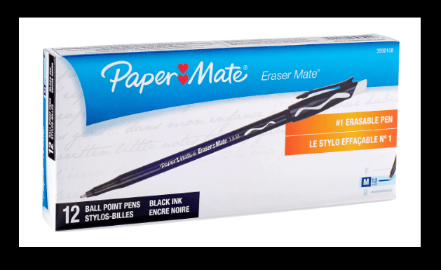 Paper Mate EraserMate Ballpoint Pens, Pack of 12, Medium Point, 1.0 mm, Black Barrel, Black Ink (Min Order Qty 7) MPN:3930158