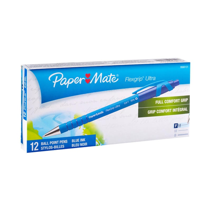 Paper Mate FlexGrip Ultra Retractable Pens, Fine Point, 0.8 mm, Blue Barrel, Blue Ink, Pack Of 12 (Min Order Qty 5) MPN:9560131