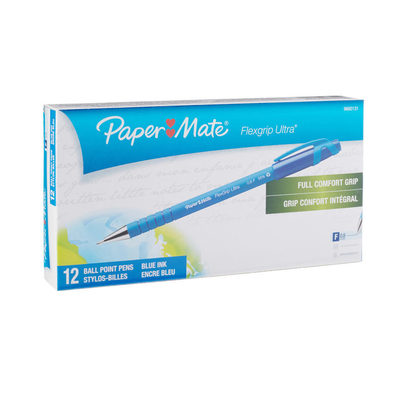 Paper Mate FlexGrip Ultra Ballpoint Pens, Fine Point, 0.8 mm, Blue Barrel, Blue Ink, Pack Of 12 (Min Order Qty 5) MPN:9660131