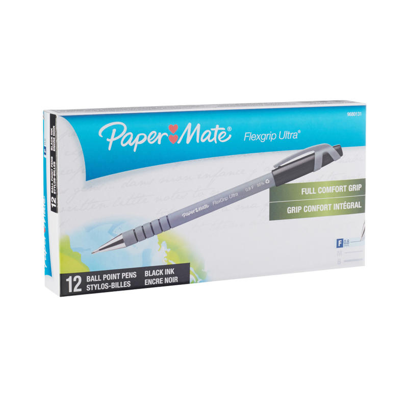 Paper Mate FlexGrip Ultra Ballpoint Pens, Fine Point, 0.8 mm, 42% Recycled, Gray Barrel, Black Ink, Pack Of 12 (Min Order Qty 5) MPN:9680131