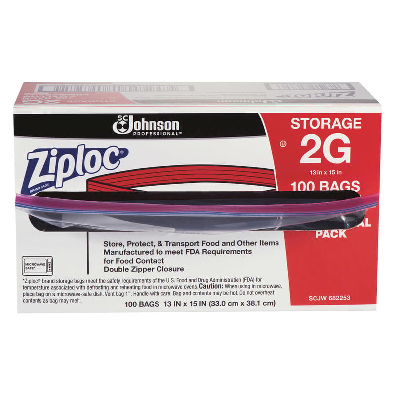 Ziploc Double Zipper Bags, 2 Gallon, Clear, Case Of 100 (Min Order Qty 2) MPN:682253