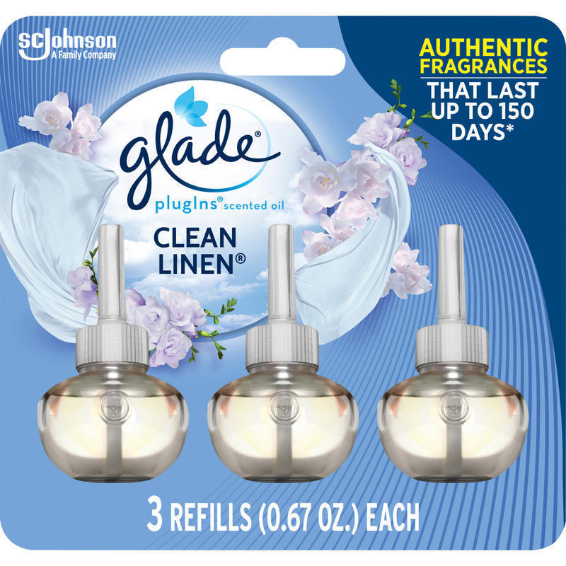 Glade PlugIns Scented Oil Variety Pack, Clean Linen, 2.01 Oz, Yellow, Pack Of 3 (Min Order Qty 5) MPN:SJN322826