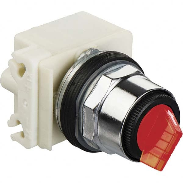 Selector Switch: 3 Positions, Maintained (MA), 600Vac, 10 Amp, Red Knob & Push Button MPN:9001K46J3RH28