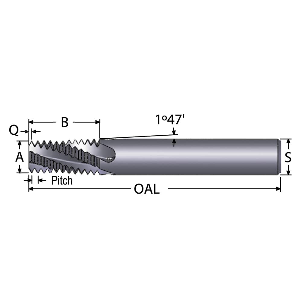 Helical Flute Thread Mill: 1/8-27, Internal & External, 4 Flute, 3/8