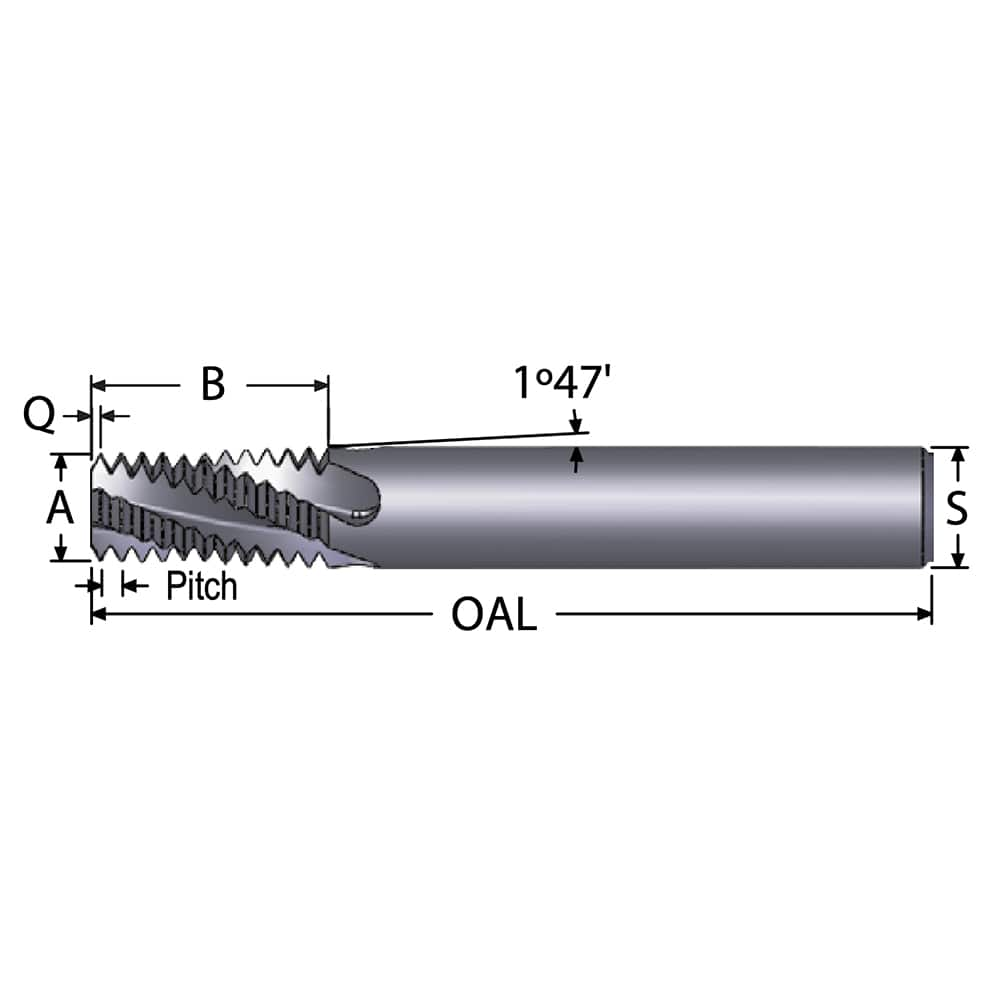 Helical Flute Thread Mill: 1/8-27, Internal & External, 4 Flute, 3/8