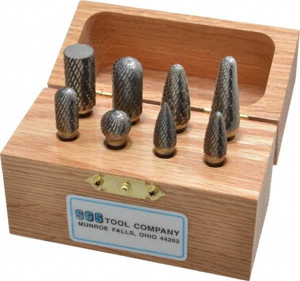 8 Pc Single Cut Burr Set with Ball, Cylinder, Cylinder w/Rad End, Taper, Tree w/Pointed End, Tree w/Rad End MPN:18210