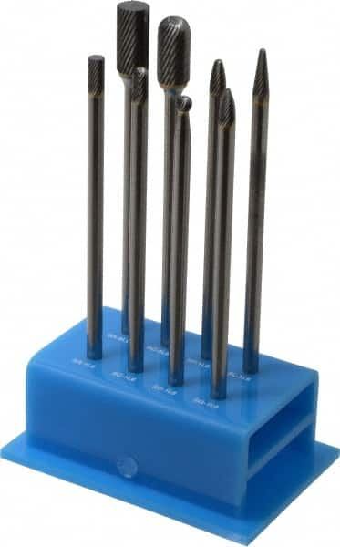 8 Pc Single Cut Burr Set with Ball, Cylinder, Cylinder w/Rad End, Taper, Tree w/Pointed End, Tree w/Rad End MPN:18214