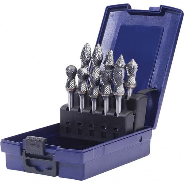 10 Pc Double Cut Burr Set with Ball Nose Cone, Cylinder, Pointed Tree, Rad/90° MPN:18225