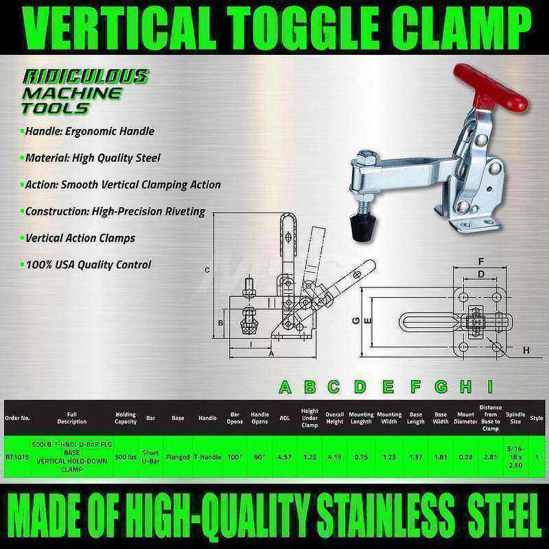 Manual Hold-Down Toggle Clamp: Vertical, 500 lb Capacity, U-Bar, Flanged Base MPN:50400