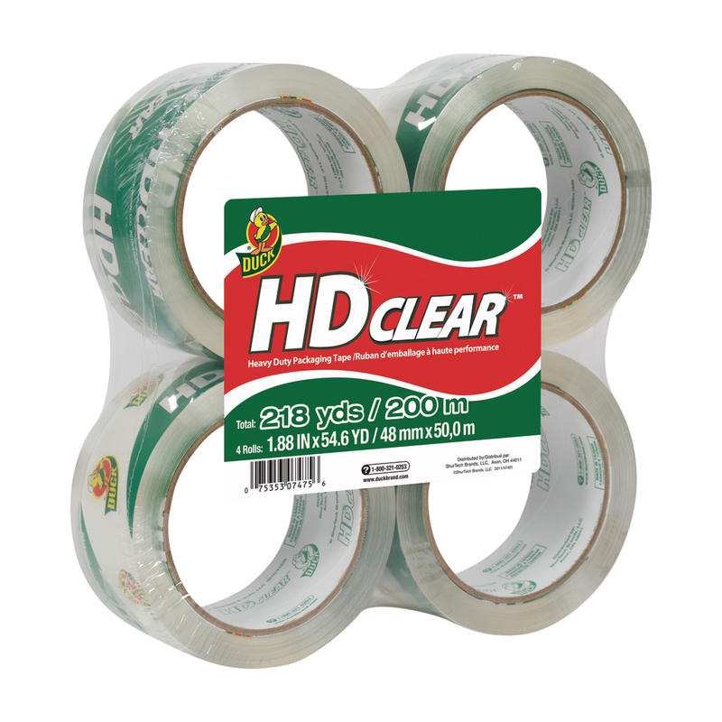 Duck HD Clear Heavy-Duty Packaging Tape, 1.88in x 54.6 Yd., Clear, Pack Of 4 Rolls (Min Order Qty 6) MPN:240378