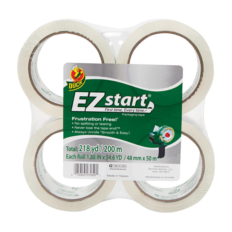 Duck Brand EZ Start Crystal Clear Packaging Tape - 54.60 yd Length x 1.88in Width - 2.6 mil Thickness - 3in Core - Acrylic - UV Resistant, Tear Resistant, Age Resistant, Split Resistant - For Sealing - 4 / Pack - Crystal Clear (Min Order Qty 3) MPN:280068