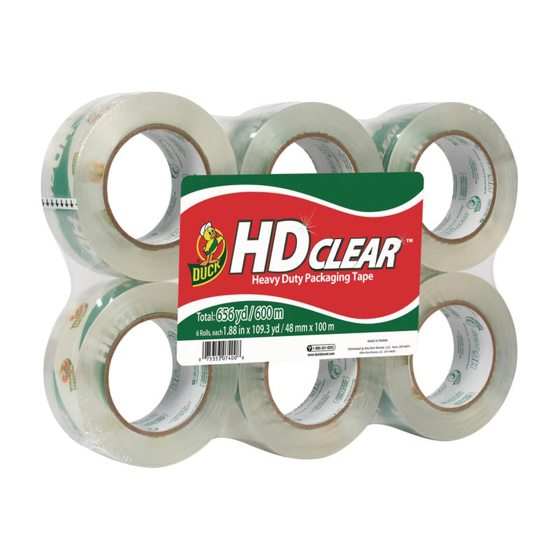 Duck HD Clear Heavy-Duty Packaging Tape, 1-7/8in x 109.4 Yd., Crystal Clear, Pack Of 6 Rolls (Min Order Qty 3) MPN:299016