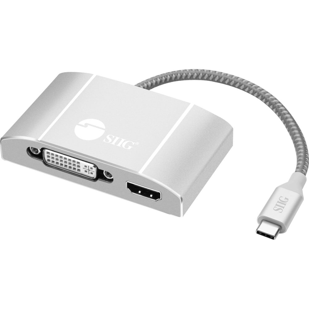 SIIG USB-C to 3-in-1 Multiport Video Adapter with PD Charging - DVI/HDMI/VGA - for Notebook/Desktop PC - 60 W - USB Type C - 2 x USB Ports - HDMI - DVI - VGA - Thunderbolt - Wired (Min Order Qty 2) MPN:CB-TC0911-S1