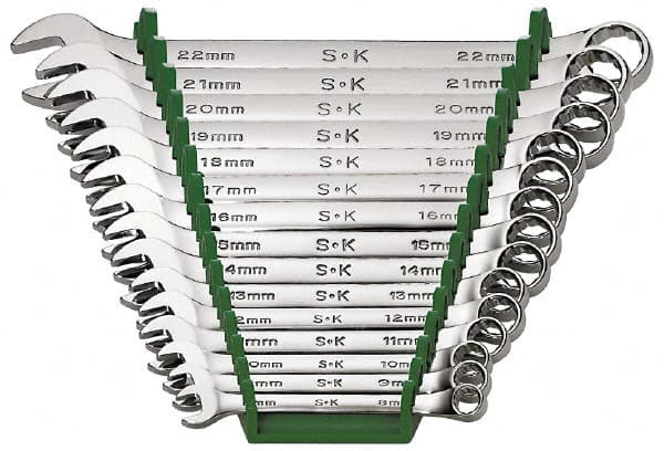 Combination Wrench Set: 15 Pc, 1/4 to 1