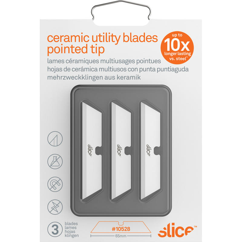 Slice Pointed Tip Ceramic Utility Blades - 2.60in Length - Pointed Tip, Non-conductive, Non-magnetic, Reversible, Retractable, Rust Resistant, Non-sparking - Zirconium Oxide - 3 / Pack - White (Min Order Qty 3) MPN:SLI10528