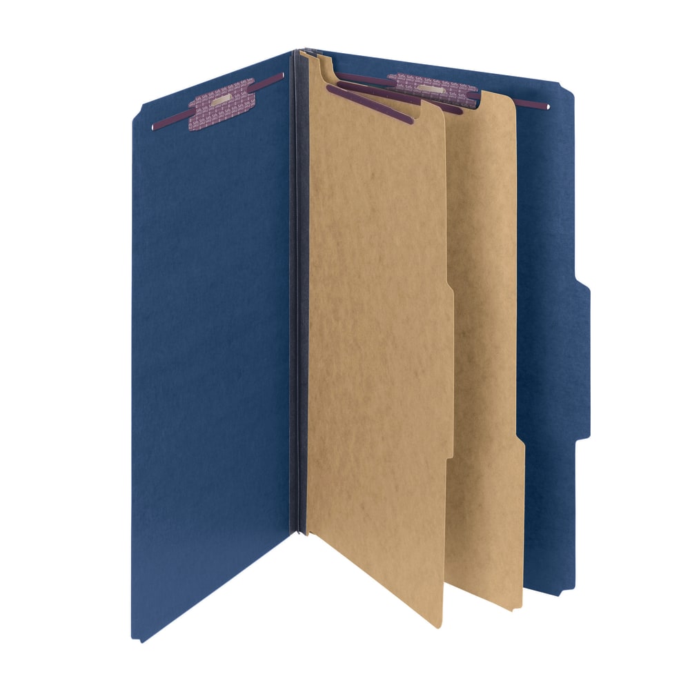 Smead Pressboard Classification Folders With SafeSHIELD Fasteners, 2 Dividers, Legal Size, 100% Recycled, Dark Blue, Box Of 10 MPN:19200