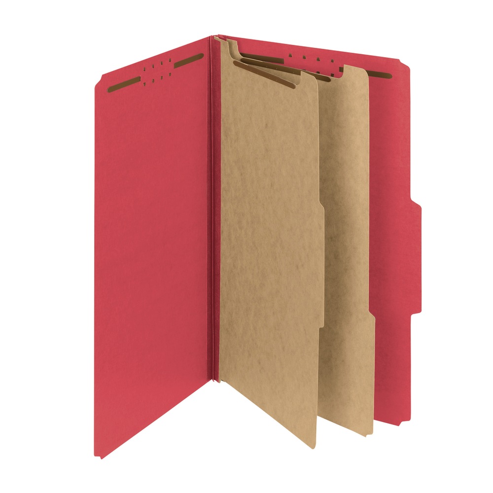 Smead Pressboard Classification Folders With SafeSHIELD Fasteners, 2 Dividers, Legal Size, 100% Recycled, Bright Red, Box Of 10 MPN:19202