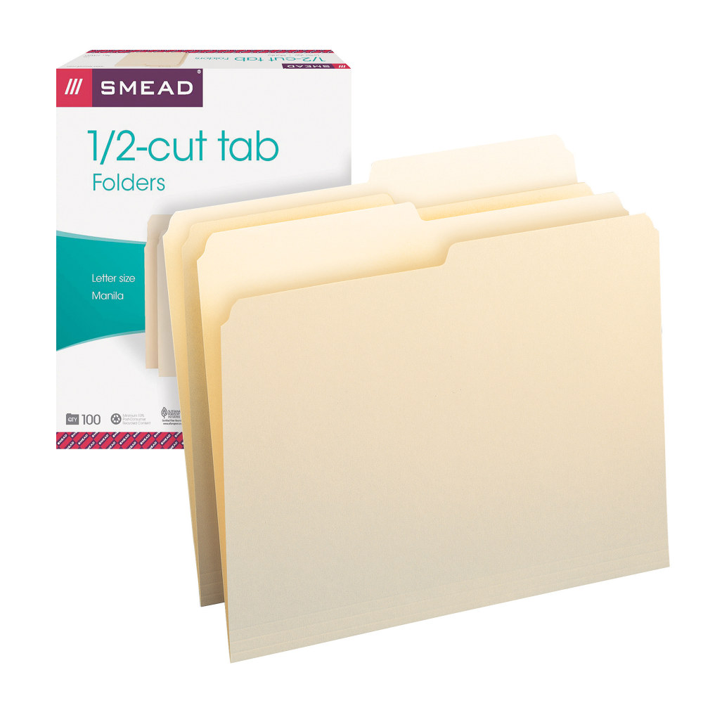 Smead Manila File Folders, Letter Size, 1/2 Cut, Pack Of 100 (Min Order Qty 4) MPN:152L