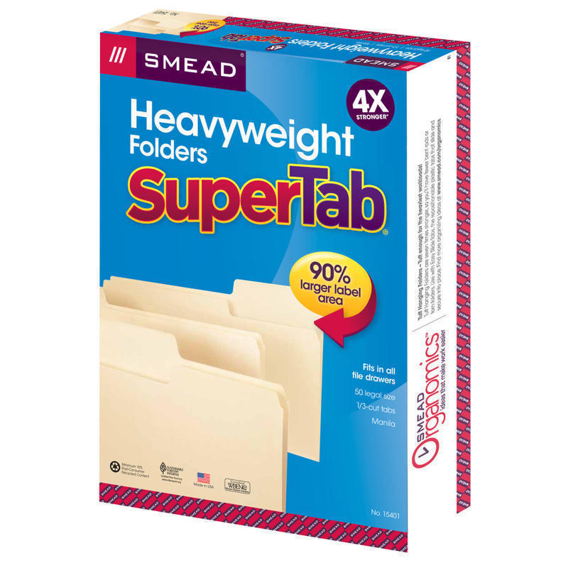 Smead SuperTab Heavyweight File Folders, Legal Size, 1/3 Cut, Manila, Box Of 50 (Min Order Qty 3) MPN:15401