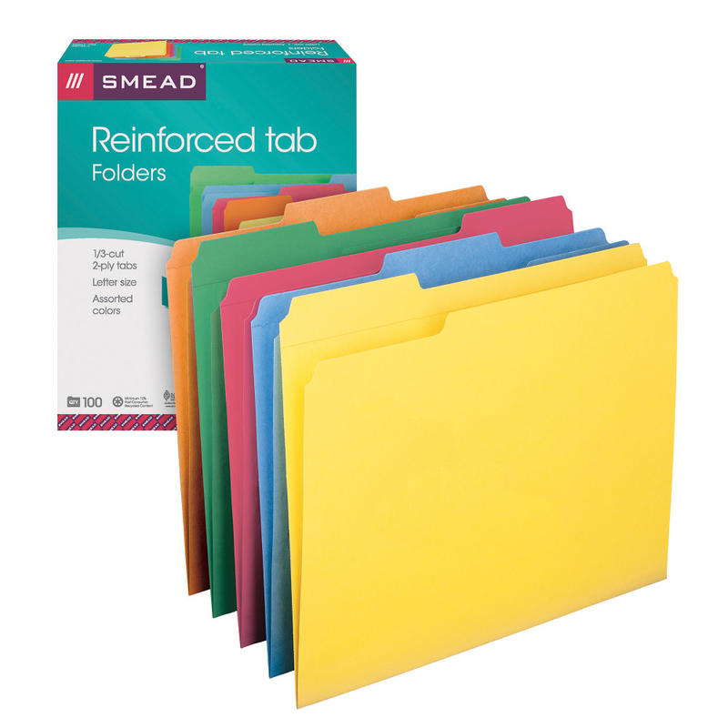 Smead Color File Folders, With Reinforced Tabs, Letter Size, 1/3 Cut, Assorted Colors, Box Of 100 (Min Order Qty 2) MPN:2-153LASMT