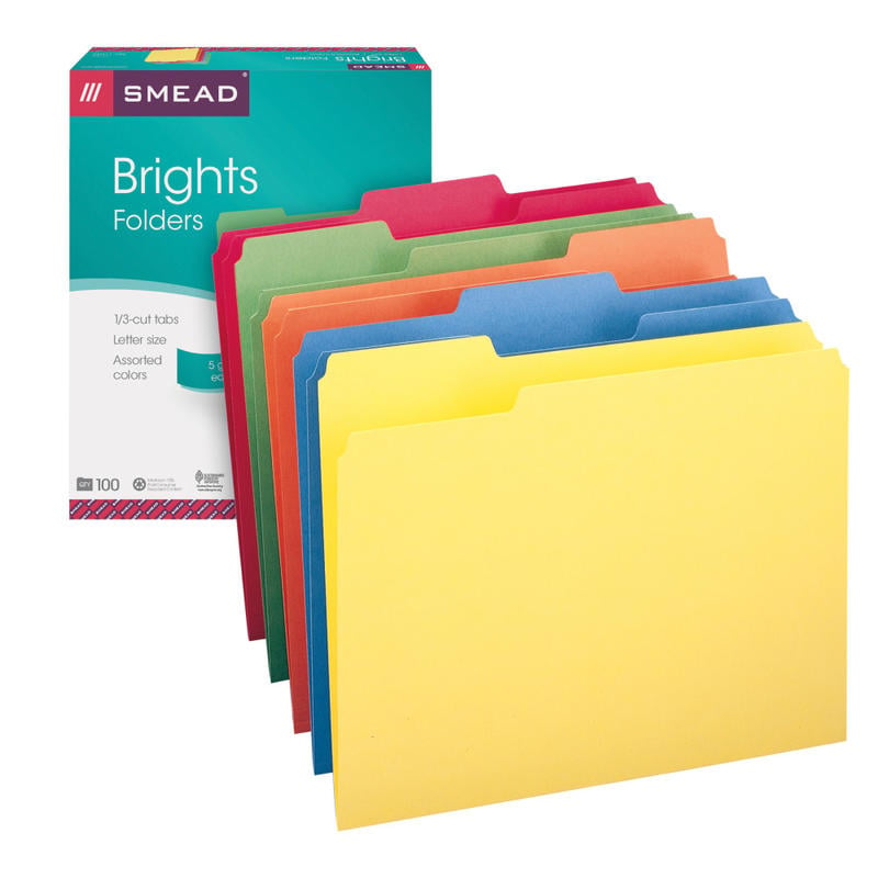 Smead Color File Folders, Letter Size, 1/3 Cut, Brights, Box Of 100 (Min Order Qty 3) MPN:53LASMT