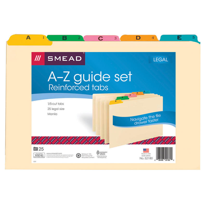 Smead Legal-Size Manila File Guides, Alphabetical, Assorted Color Tabs, Pack Of 25 (Min Order Qty 2) MPN:S225-25MC