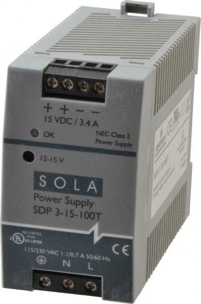 100 Watt, 4.2 to 3.4 Amp, 264 VAC, 375 VDC Input, 12 to 15 VDC Output, DIN Rail Power Supply MPN:SDP3-15-100T