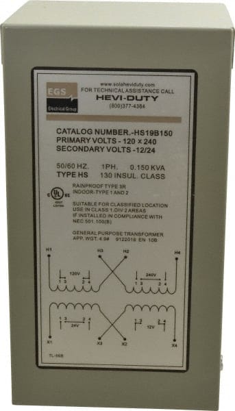 120/240 Input Volt, 12/24 Output Volt, 60 Hz, Buck Boost Transformer MPN:HS19B150