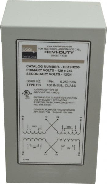 120/240 Input Volt, 12/24 Output Volt, 60 Hz, Buck Boost Transformer MPN:HS19B250