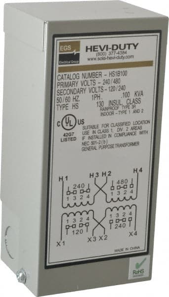 1 Phase, 240-480 Volt Input, 120/240 Volt Output, 60 Hz, 0.1 kVA, General Purpose Transformer MPN:HS1B100