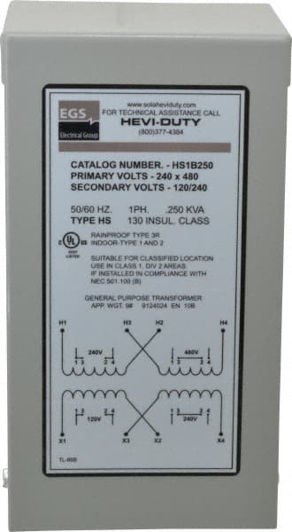 1 Phase, 240-480 Volt Input, 120/240 Volt Output, 60 Hz, 1/4 kVA, General Purpose Transformer MPN:HS1B250