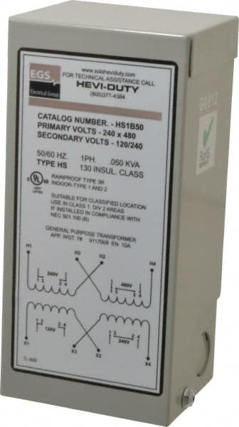 1 Phase, 240-480 Volt Input, 120/240 Volt Output, 60 Hz, 0.05 kVA, General Purpose Transformer MPN:HS1B50