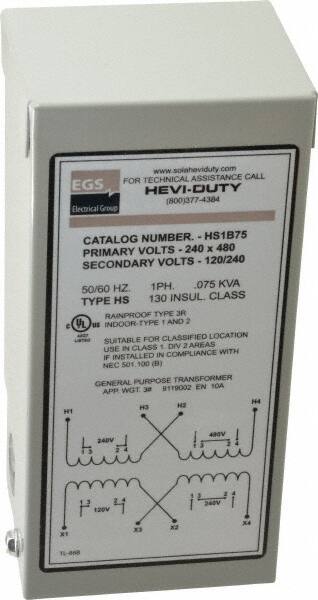 1 Phase, 240-480 Volt Input, 120/240 Volt Output, 60 Hz, 0.08 kVA, General Purpose Transformer MPN:HS1B75