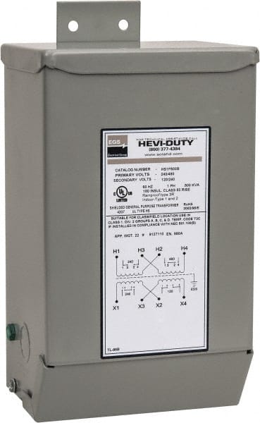 1 Phase, 240-480 Volt Input, 120/240 Volt Output, 60 Hz, 0.5 kVA, General Purpose Transformer MPN:HS1F500B