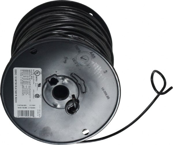 Machine Tool Wire: 12 AWG, Black, 500' Long, Polyvinylchloride, 0.155