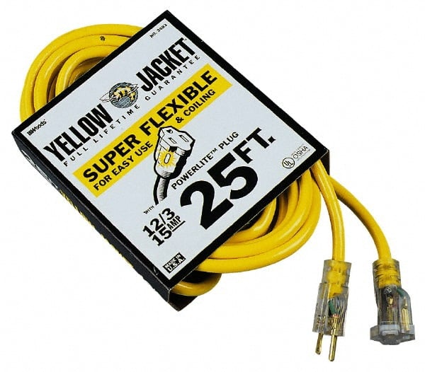 Power Cords, Cord Type: Extension Cord , Overall Length (Feet): 25 , Cord Color: Yellow , Amperage: 15 , Voltage: 125  MPN:2886