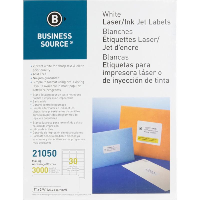 Business Source Bright White Premium-quality Address Labels - 1in Width x 2 5/8in Length - Permanent Adhesive - Rectangle - Laser, Inkjet - White - 30 / Sheet - 100 Total Sheets - 3000 / Pack - Jam-free (Min Order Qty 2) MPN:21050