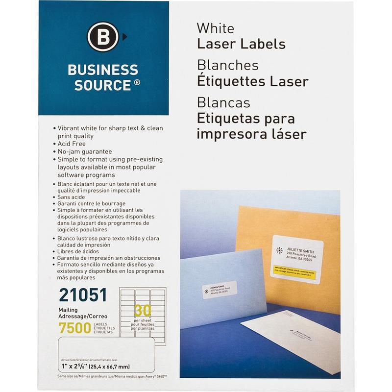 Business Source Bright White Premium-quality Address Labels - 1in Width x 2 5/8in Length - Permanent Adhesive - Rectangle - Laser, Inkjet - White - 30 / Sheet - 250 Total Sheets - 7500 / Pack - Jam-free (Min Order Qty 2) MPN:21051