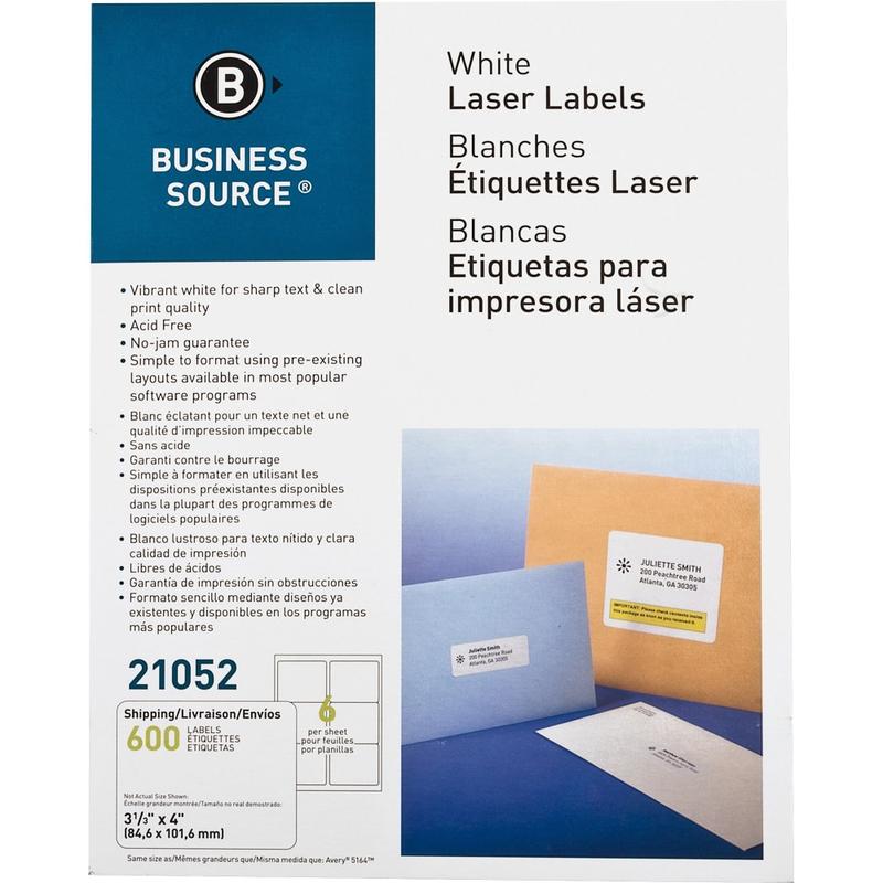 Business Source Bright White Premium-quality Address Labels - 3 1/3in Width x 4in Length - Permanent Adhesive - Rectangle - Laser, Inkjet - White - 6 / Sheet - 100 Total Sheets - 600 / Pack - Jam-free (Min Order Qty 3) MPN:21052