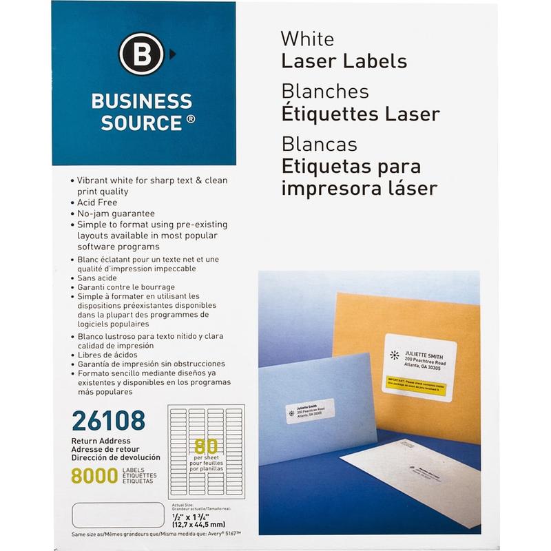 Business Source Address Laser Labels - 1/2in Width x 1 3/4in Length - Permanent Adhesive - Rectangle - Laser - White - 80 / Sheet - 100 Total Sheets - 8000 / Pack - Lignin-free, Jam-free (Min Order Qty 3) MPN:26108