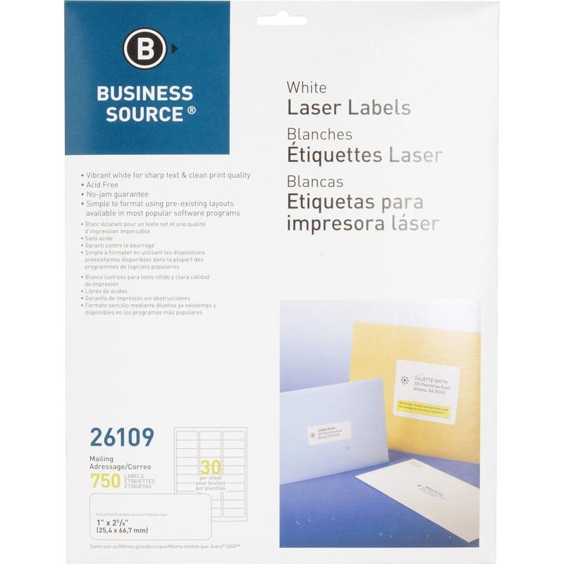 Business Source Bright White Premium-quality Address Labels - 1in Width x 2 5/8in Length - Permanent Adhesive - Rectangle - Laser, Inkjet - White - 30 / Sheet - 25 Total Sheets - 750 / Pack - Lignin-free, Jam-free (Min Order Qty 6) MPN:26109