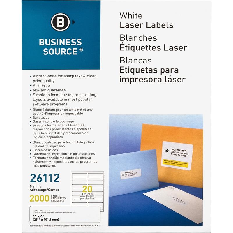 Business Source Bright White Premium-quality Address Labels - 1in Width x 4in Length - Permanent Adhesive - Rectangle - Laser, Inkjet - White - 20 / Sheet - 100 Total Sheets - 2000 / Pack - Lignin-free, Jam-free (Min Order Qty 2) MPN:26112