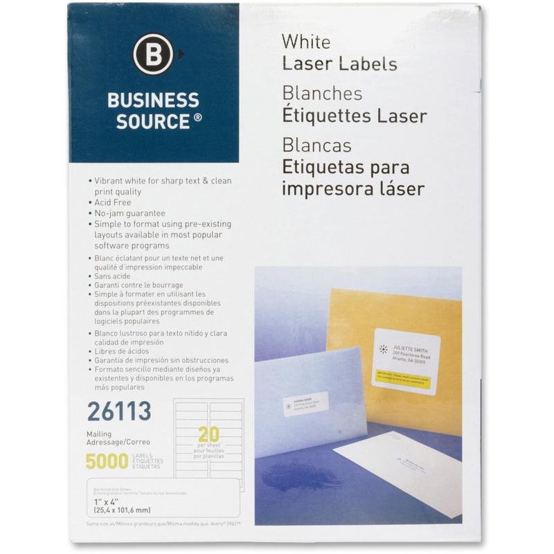 Business Source Bright White Premium-quality Address Labels - 1in Width x 4in Length - Permanent Adhesive - Rectangle - Laser, Inkjet - White - 20 / Sheet - 250 Total Sheets - 5000 / Pack - Lignin-free, Jam-free (Min Order Qty 2) MPN:26113