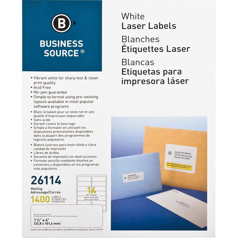 Business Source Bright White Premium-quality Address Labels - 1 1/3in Width x 4in Length - Permanent Adhesive - Rectangle - Laser, Inkjet - White - 14 / Sheet - 100 Total Sheets - 1400 / Pack - Lignin-free, Jam-free (Min Order Qty 3) MPN:26114