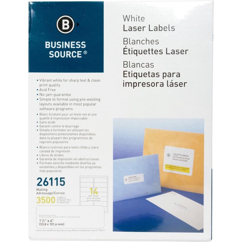 Business Source Bright White Premium-quality Address Labels - 1 1/3in Width x 4in Length - Permanent Adhesive - Rectangle - Laser, Inkjet - White - 14 / Sheet - 250 Total Sheets - 3500 / Pack - Lignin-free, Jam-free MPN:26115